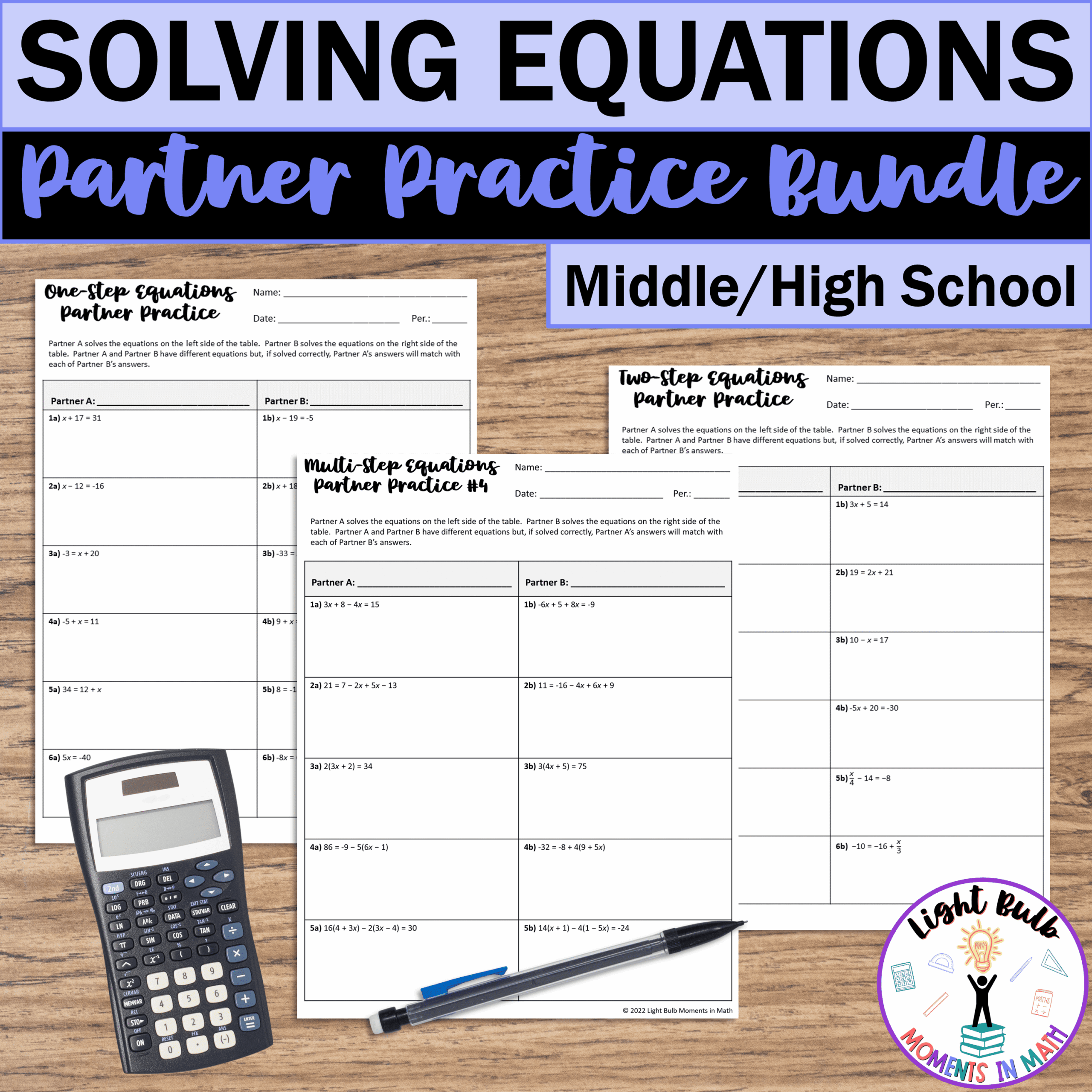 Solving Equations Partner Practice Activities Bundle Light Bulb