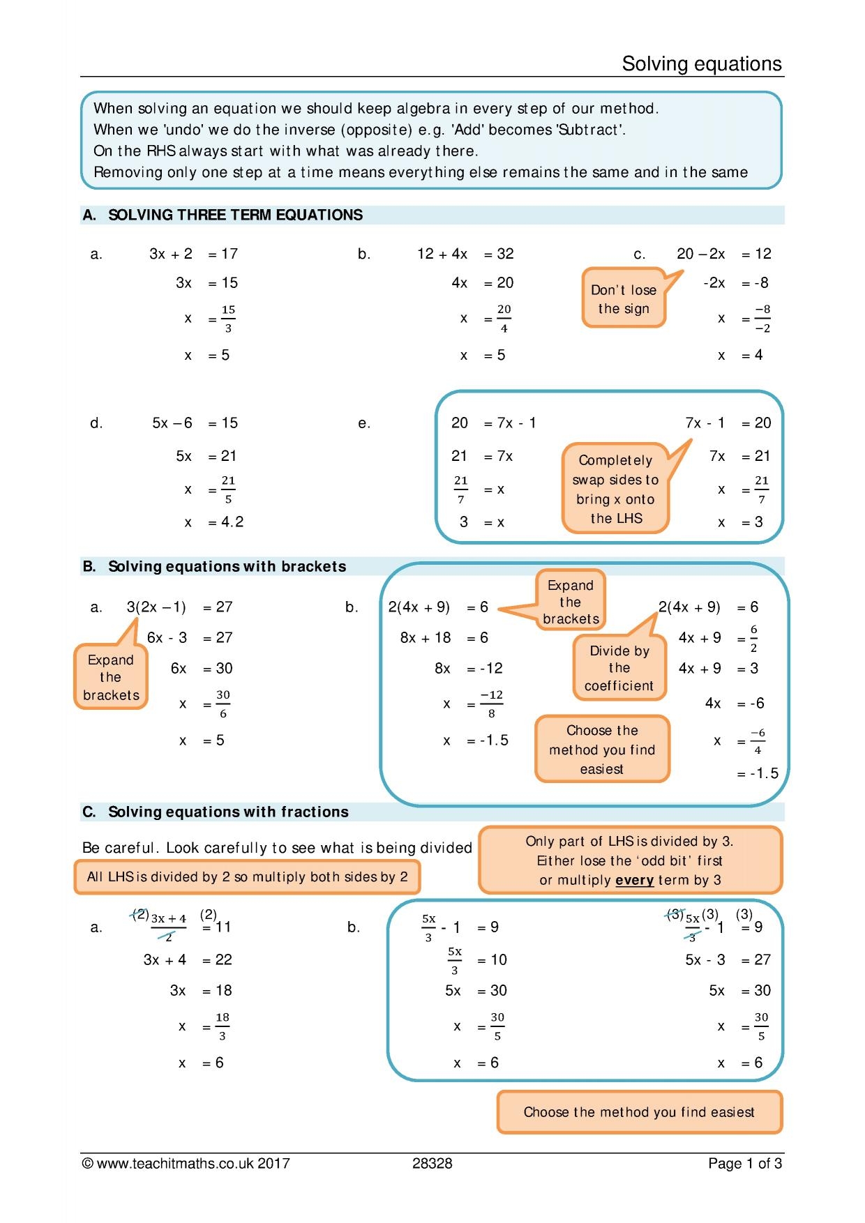 Solving Equations Review Sheet KS3 4 Maths Teachit Worksheets Library