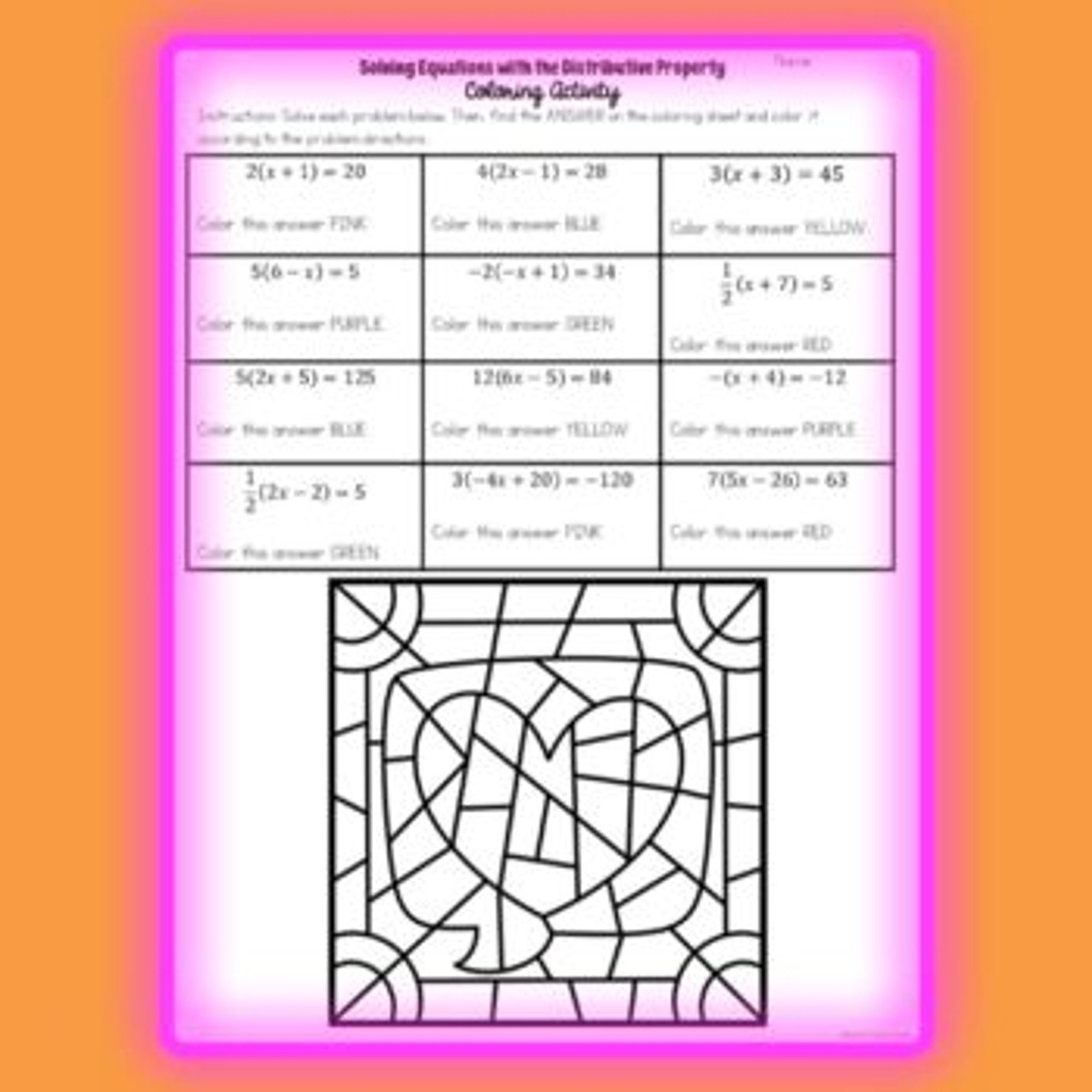 Solving Equations Using The Distributive Property Coloring Activity 