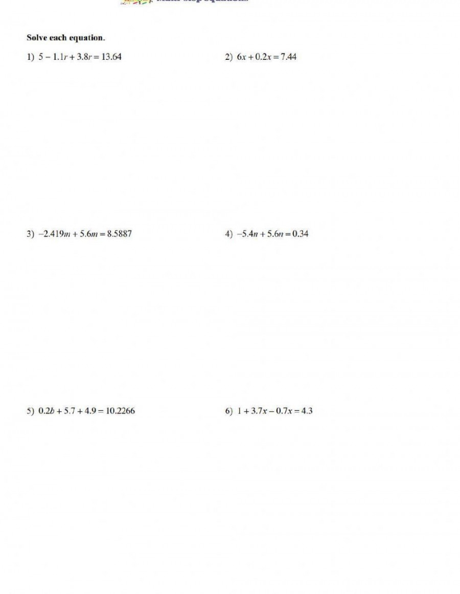 Solving Equations With Decimals Worksheet Printable PDF Template