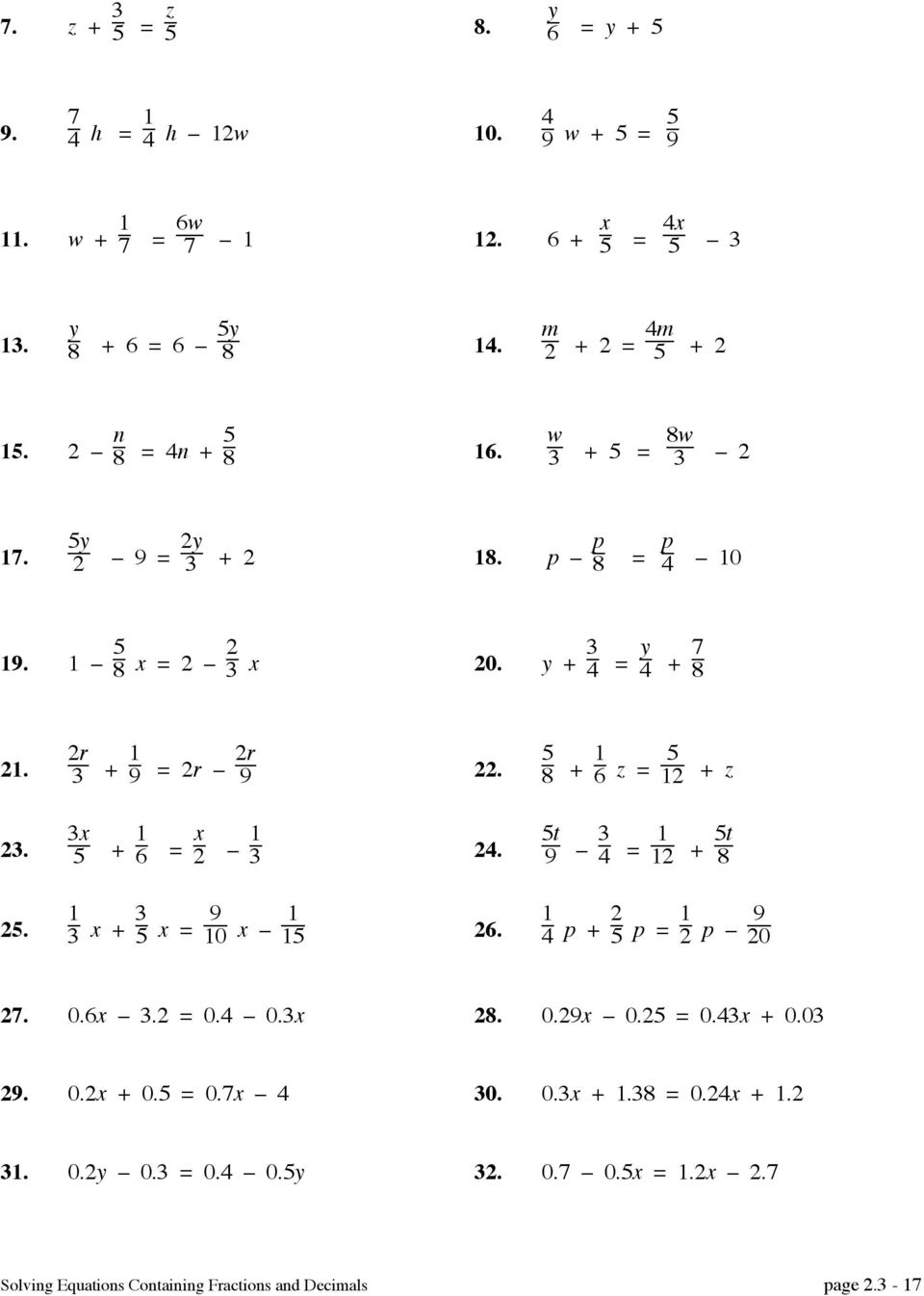 Solving Equations With Fraction Coefficients Worksheet Equations 