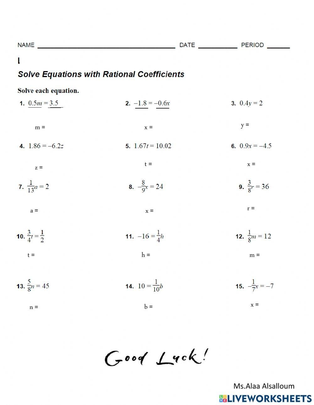 Solving Equations With Rational Coefficients Worksheet Live 