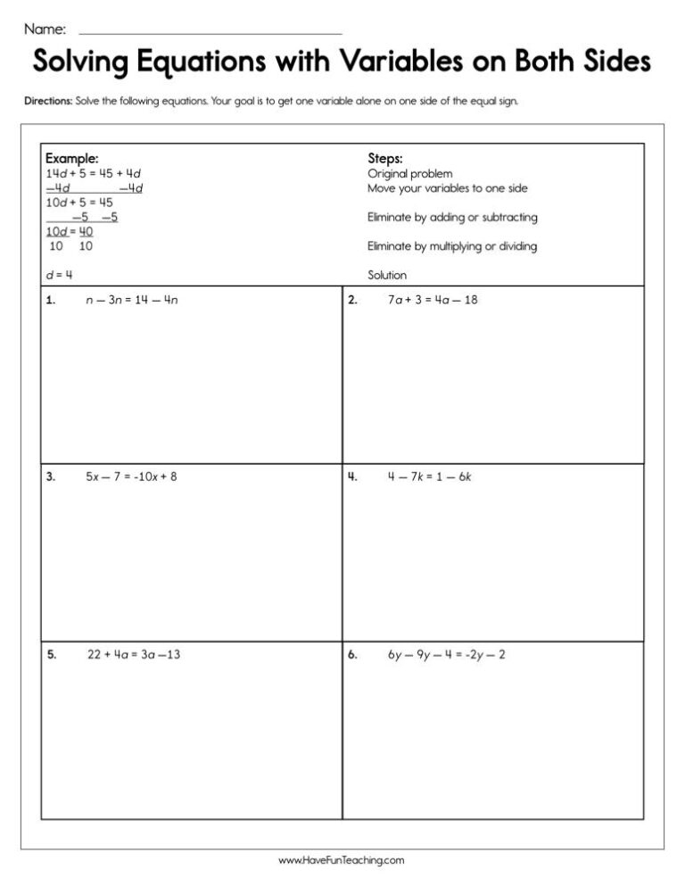 solving equations with variables on each side worksheet