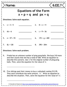 6th grade math equations worksheets