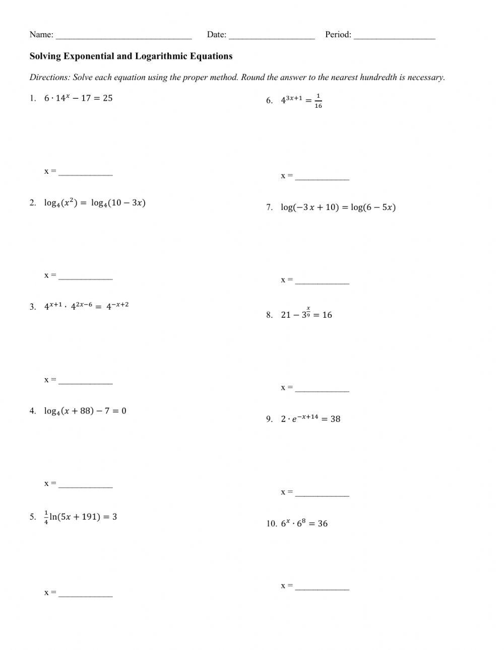 Solving Exponential And Logarithmic Equations Online Exercise For