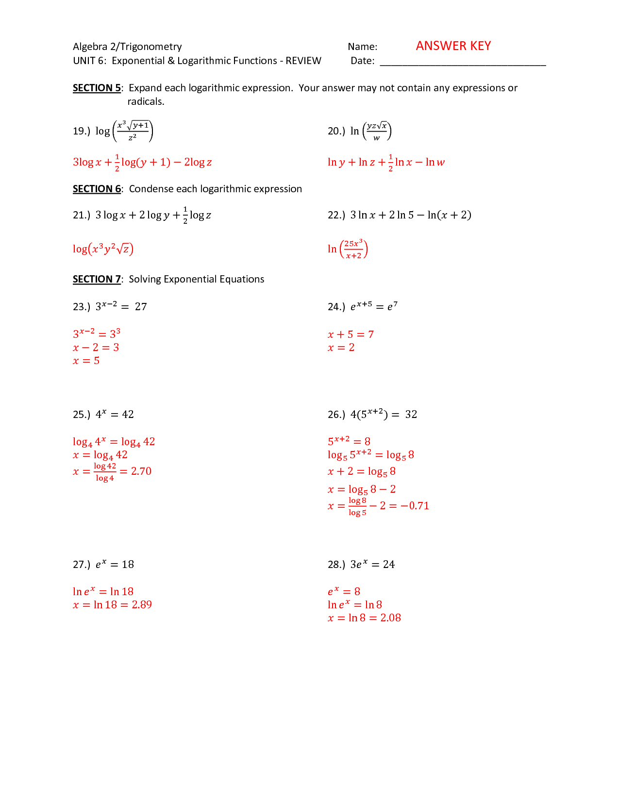Solving Exponential And Logarithmic Equations Worksheet With Answers PDF