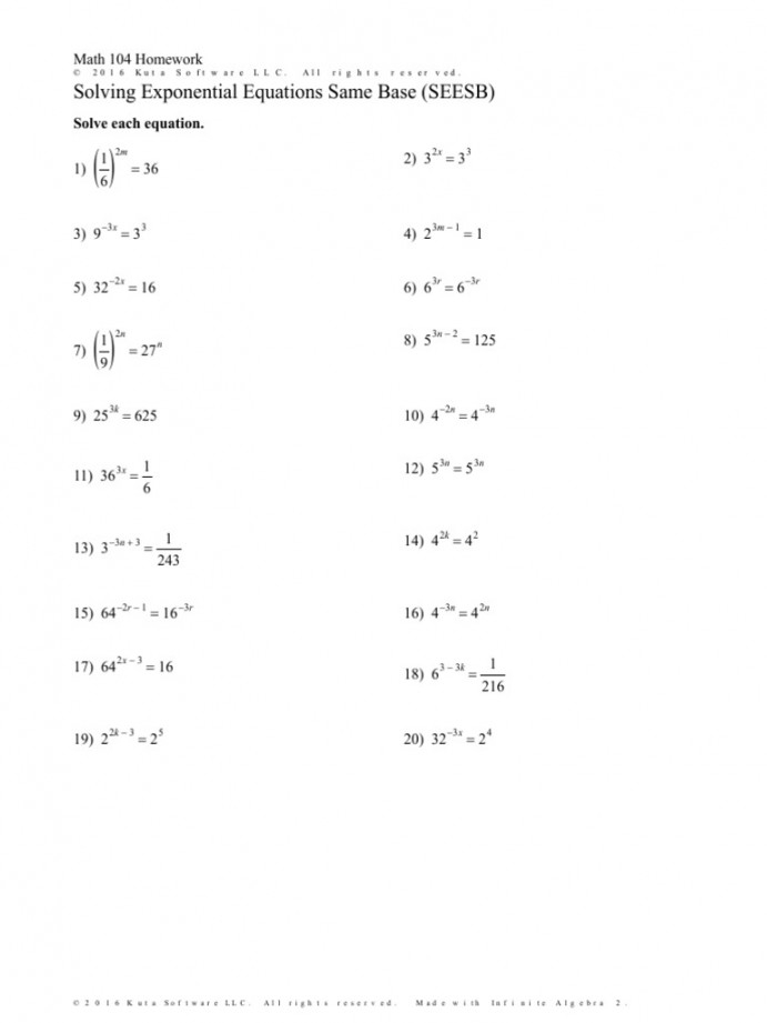 Solving Exponential Equations Worksheet Printable PDF Template