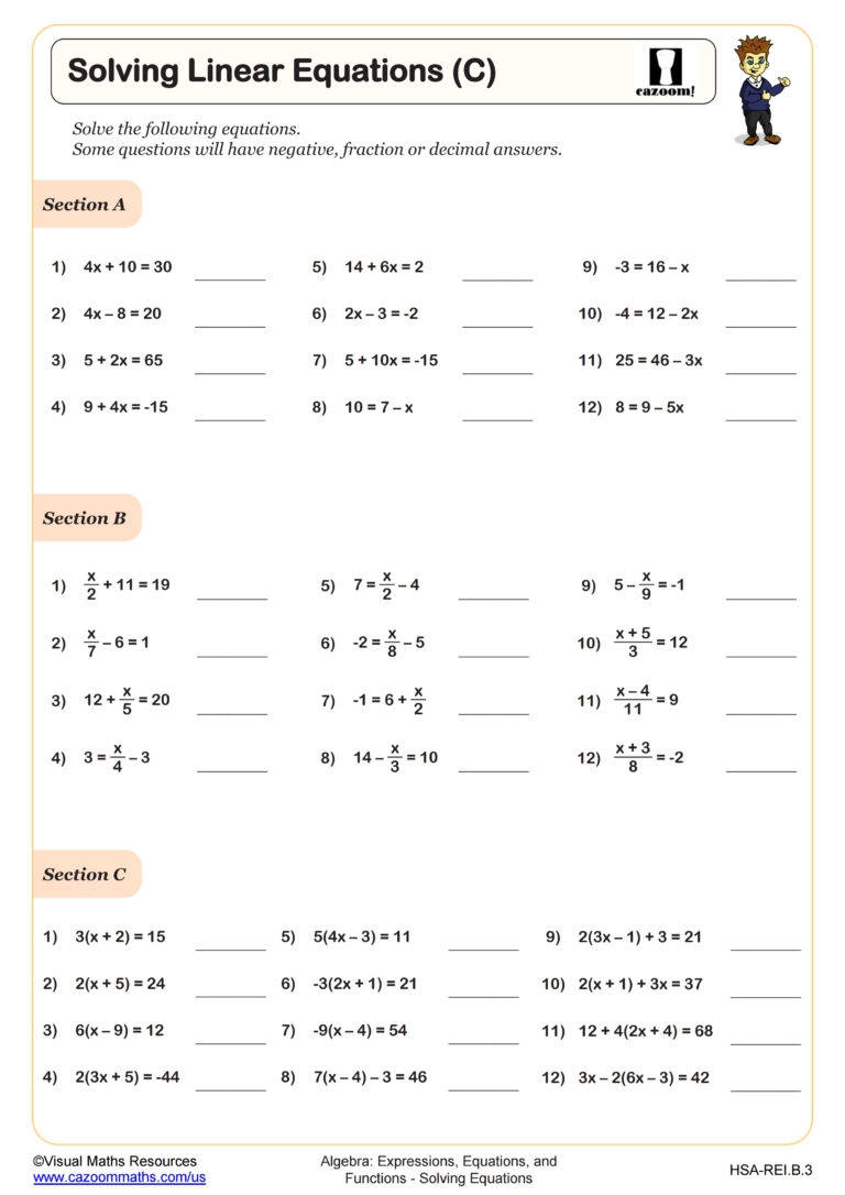 basic solving equations worksheet