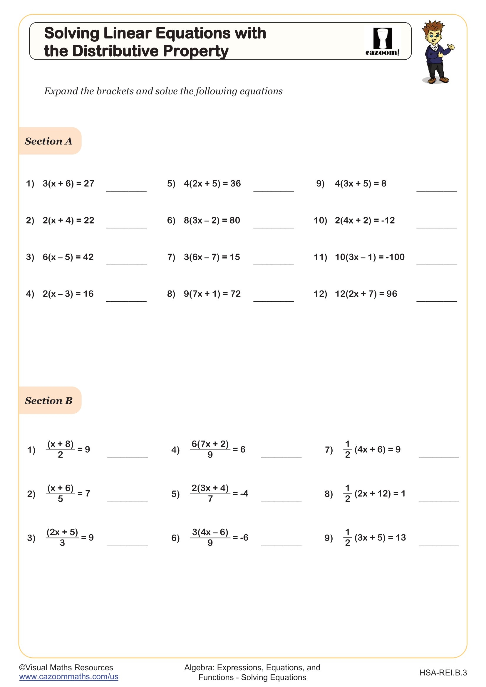 Solving Linear Equations With The Distributive Property Worksheet