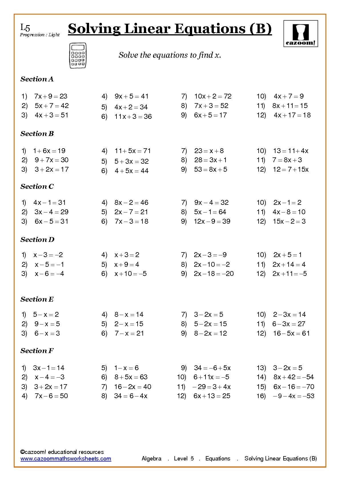 8th grade linear equations worksheet