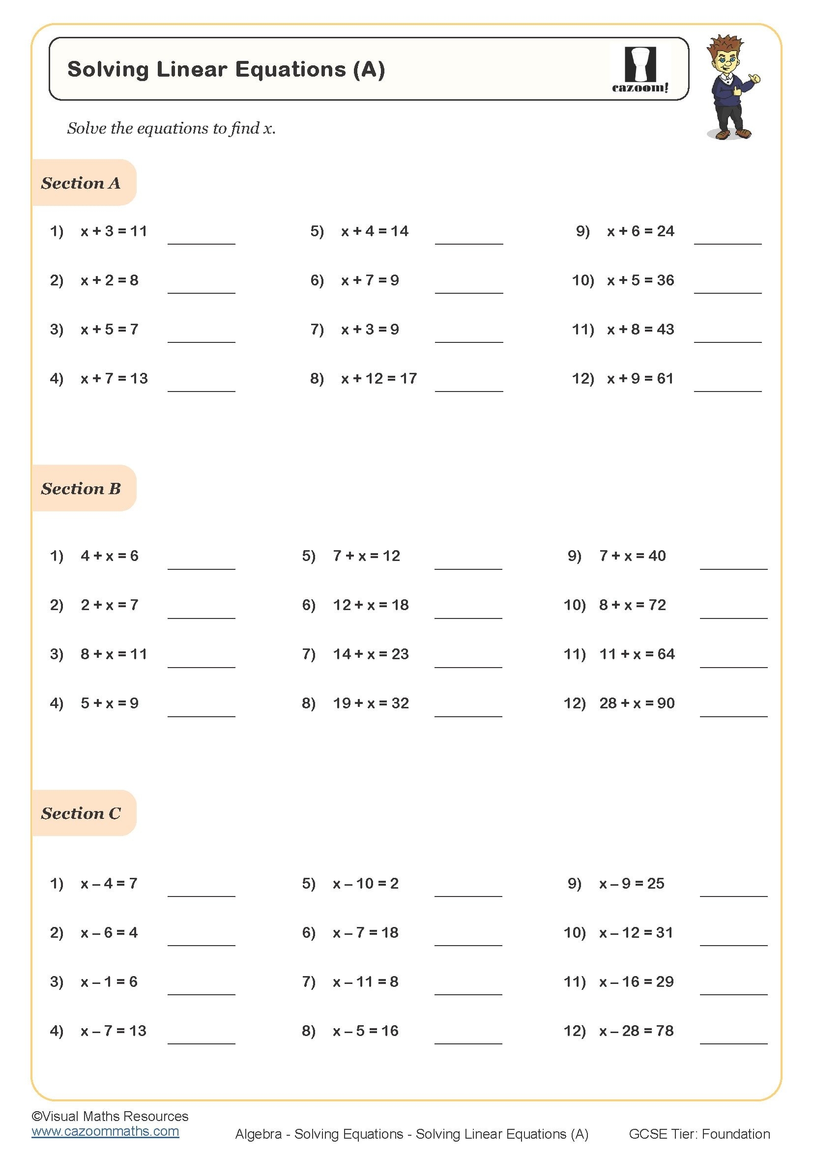 Solving Linear Equations Worksheets