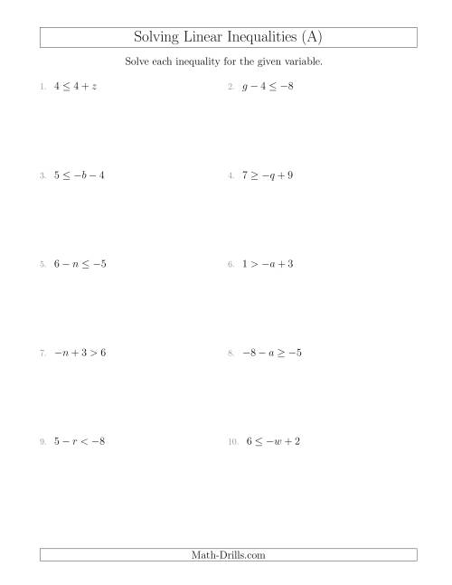 inequality equations worksheet
