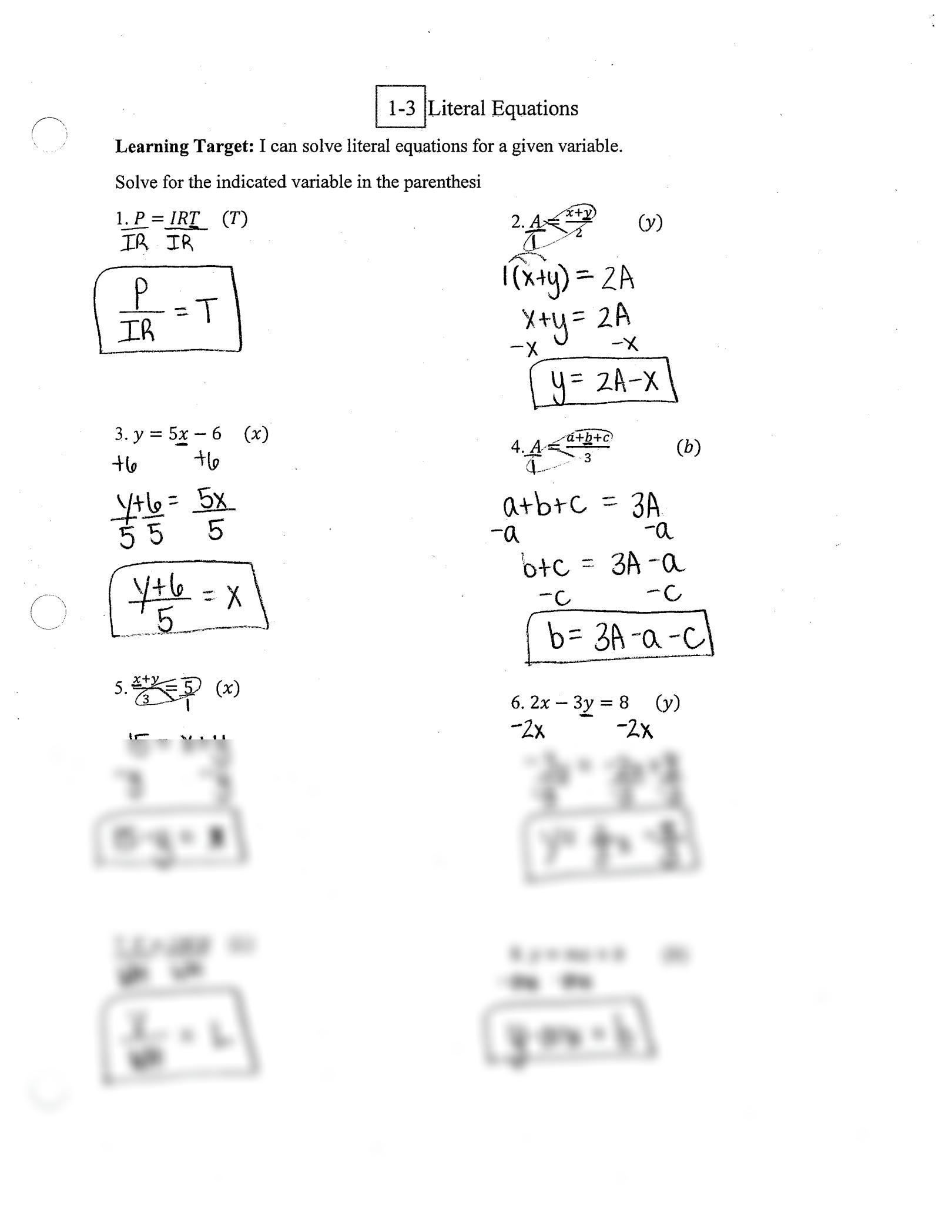 Solving Literal Equations Connect 4 Activity Student Approved