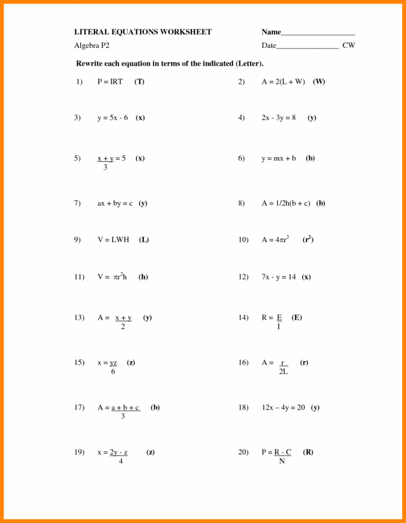 Solving Literal Equations Worksheet Algebra 1