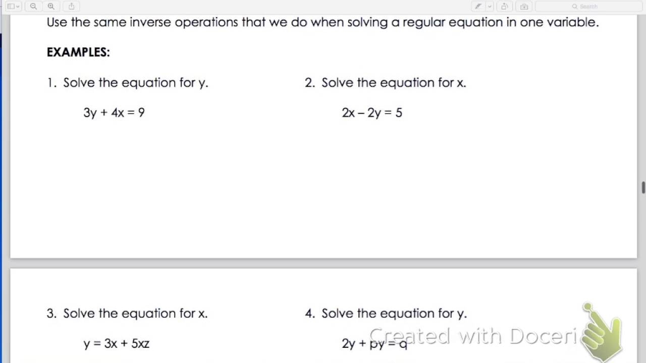solving for literal equations worksheet