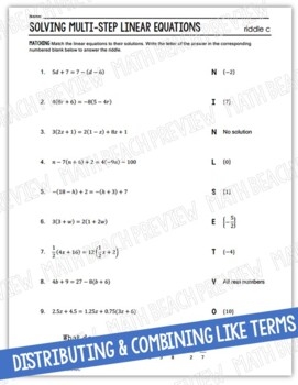 Solving Multi Step Linear Equations Riddle Activity By Math Beach 