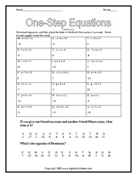 Solving One Step Equations By Adding Or Subtracting Worksheet TpT