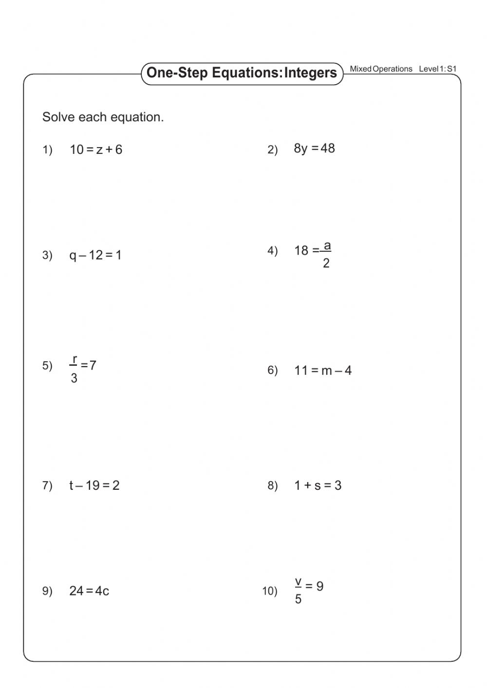 Solving One Step Equations Multiplication And Division Worksheets 