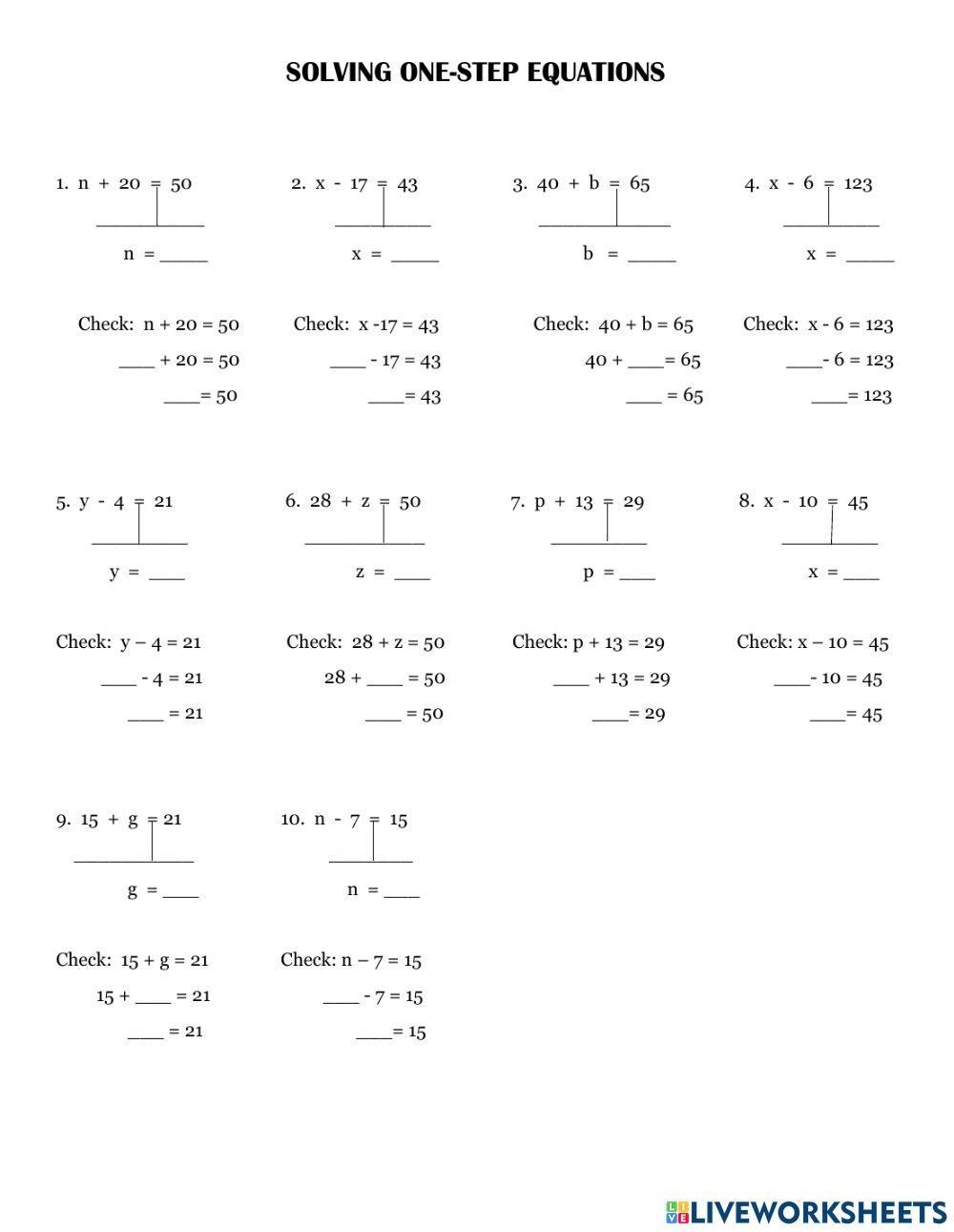 Solving One Step Equations Using Addition And Subtraction 