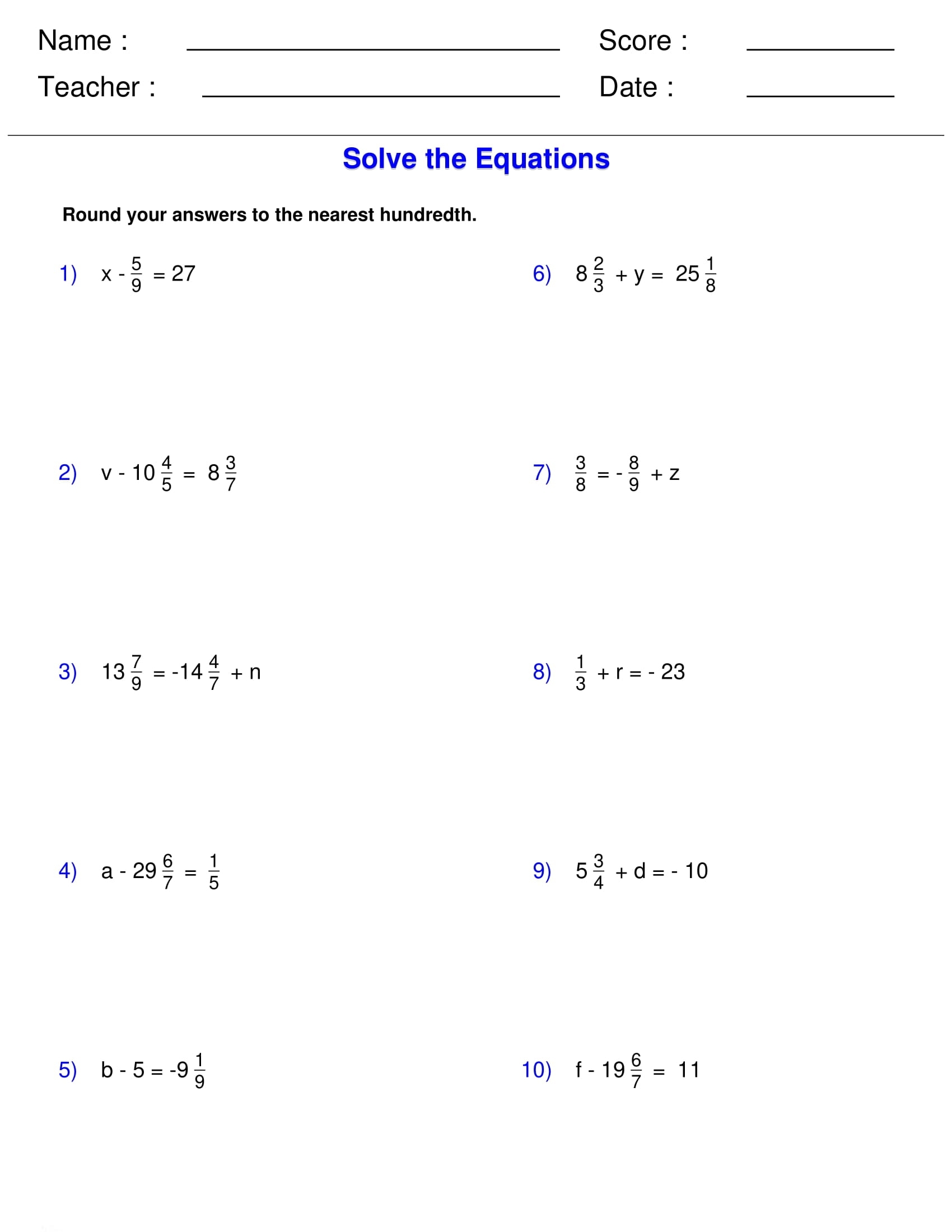 Solving One Step Equations With Fractions Worksheets Algebra Made 