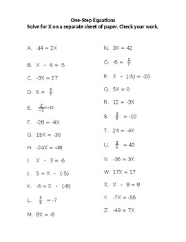 Solving One Step Equations Worksheet Multiplication Division 
