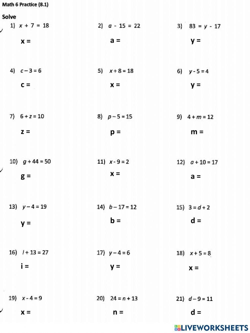 Solving One Step Linear Equations Teaching Resources Worksheets Library