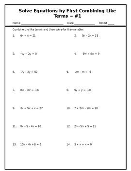 solving one variable equations worksheet