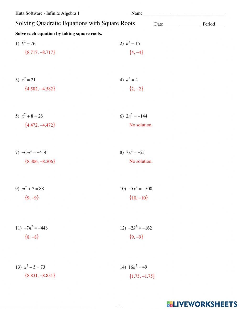 solving quadratic equations using the quadratic formula worksheet