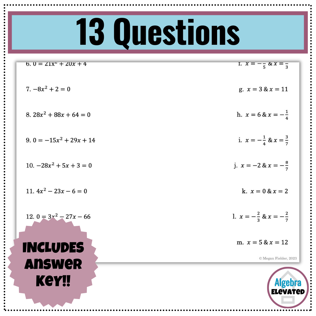 Solving Quadratic Equations By Factoring Matching Worksheet 