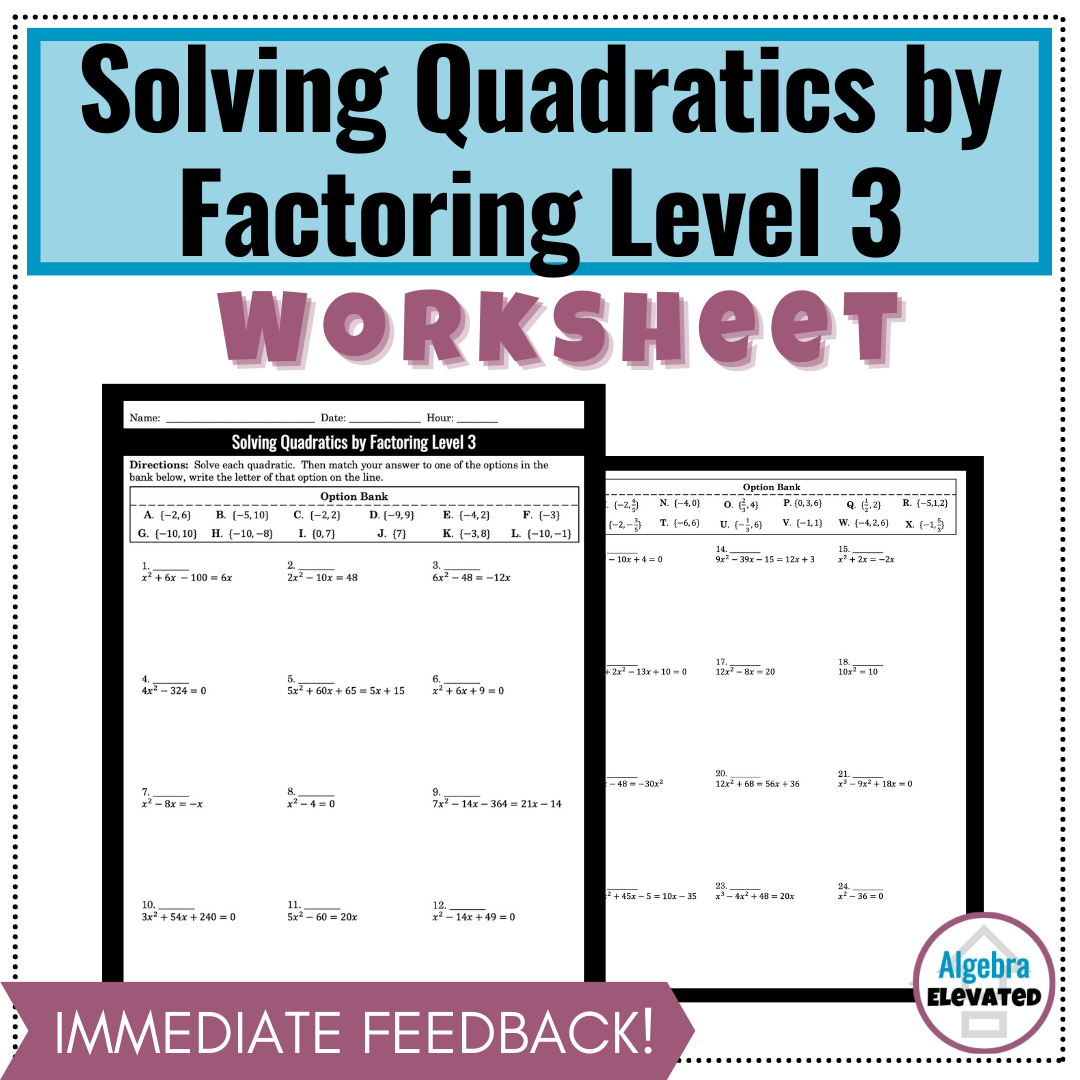 solving quadratic equations worksheet by factoring