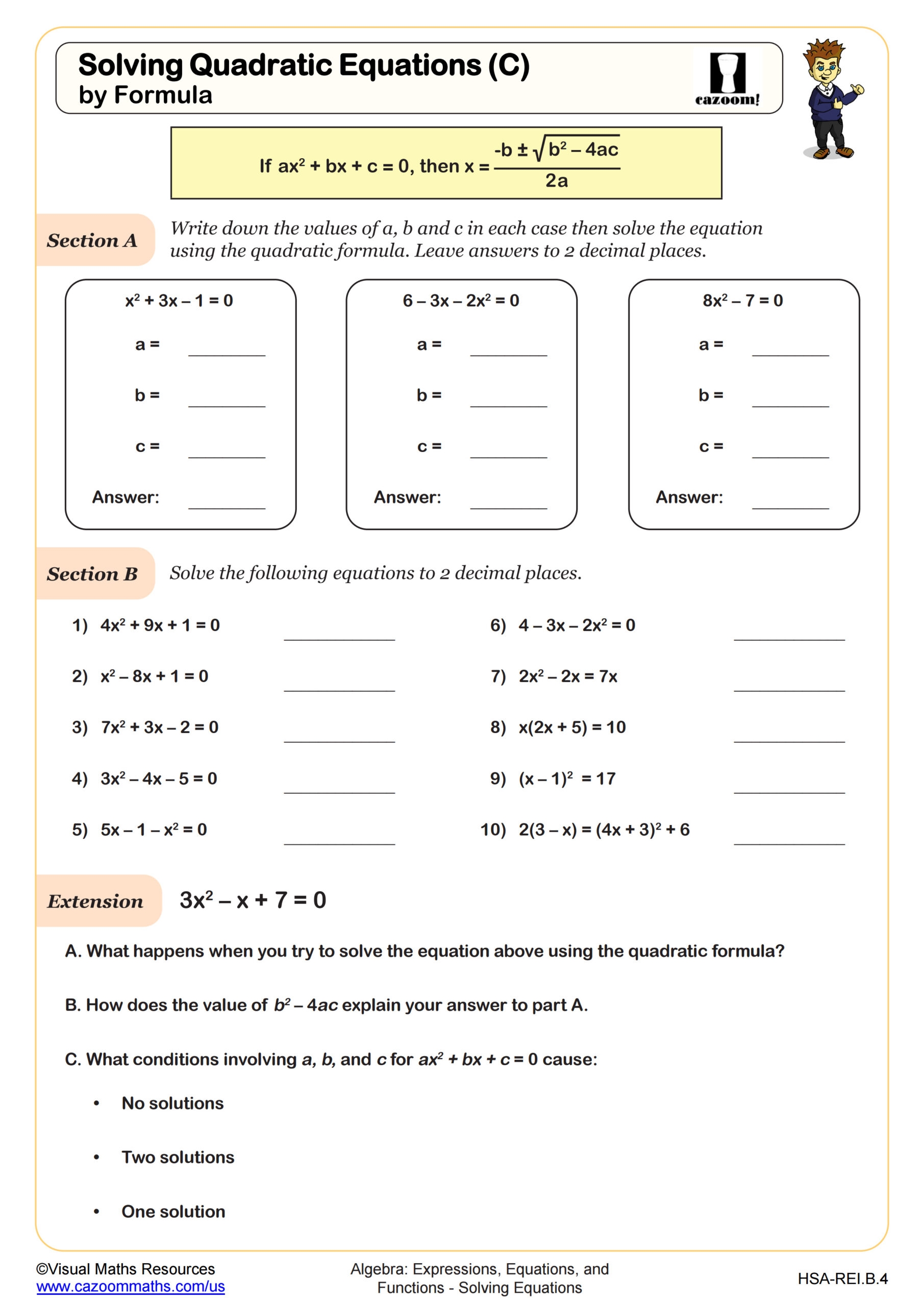 Solving Quadratic Equations C By Quadratic Formula Worksheet 