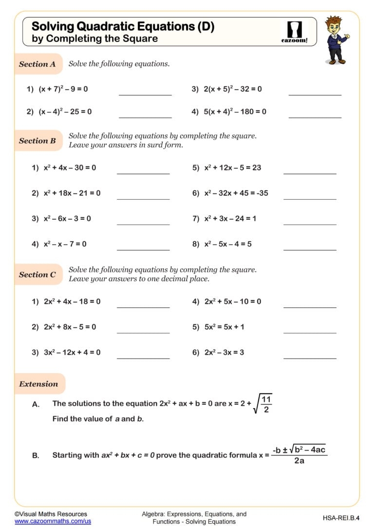 Solving Quadratic Equations D By Completing The Square Worksheet 