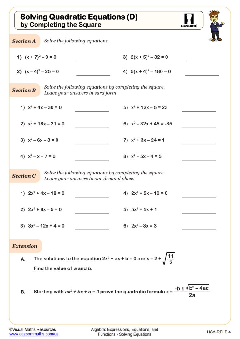 completing the square solving quadratic equations worksheet