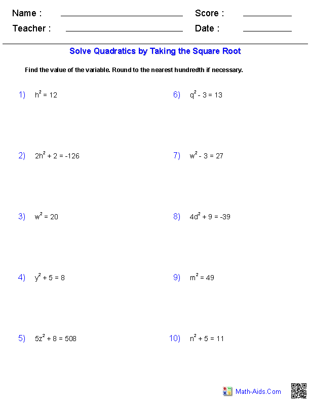 Solving Quadratic Equations With Square Roots Worksheet Answers 