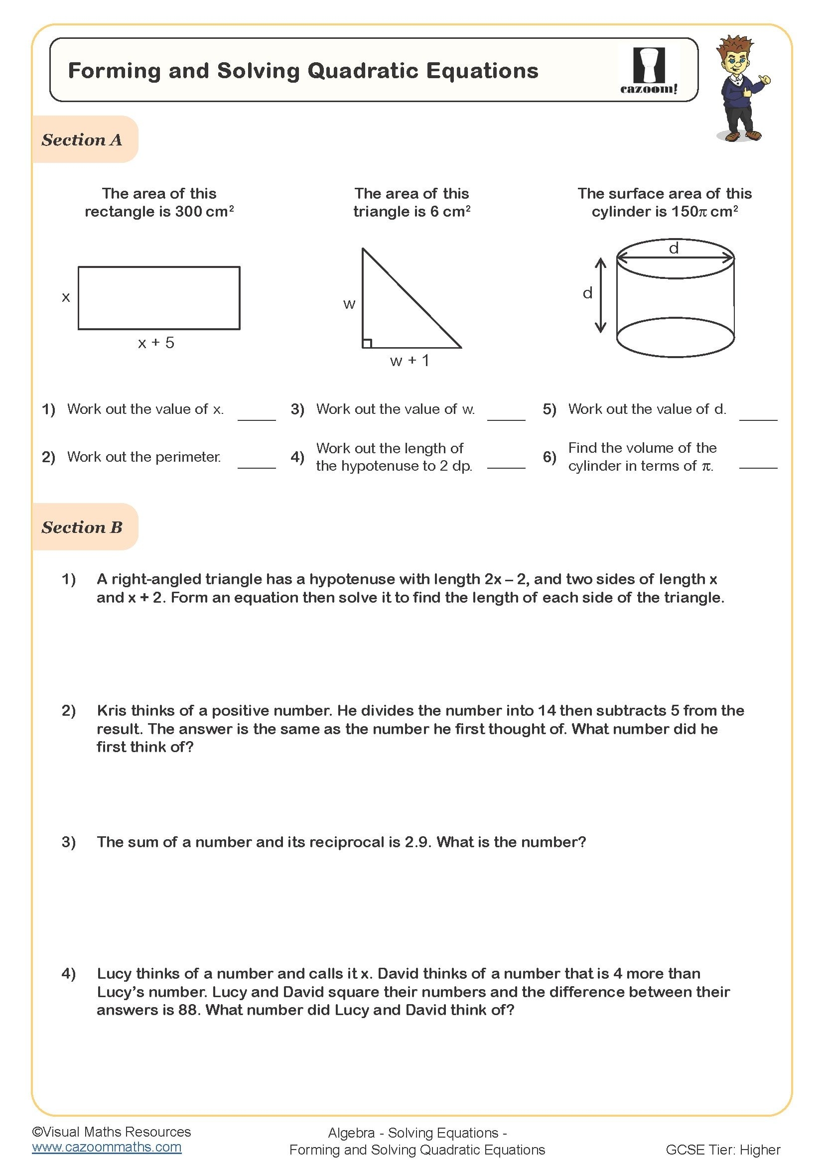 Solving Quadratic Equations Worksheets Worksheets For Kindergarten