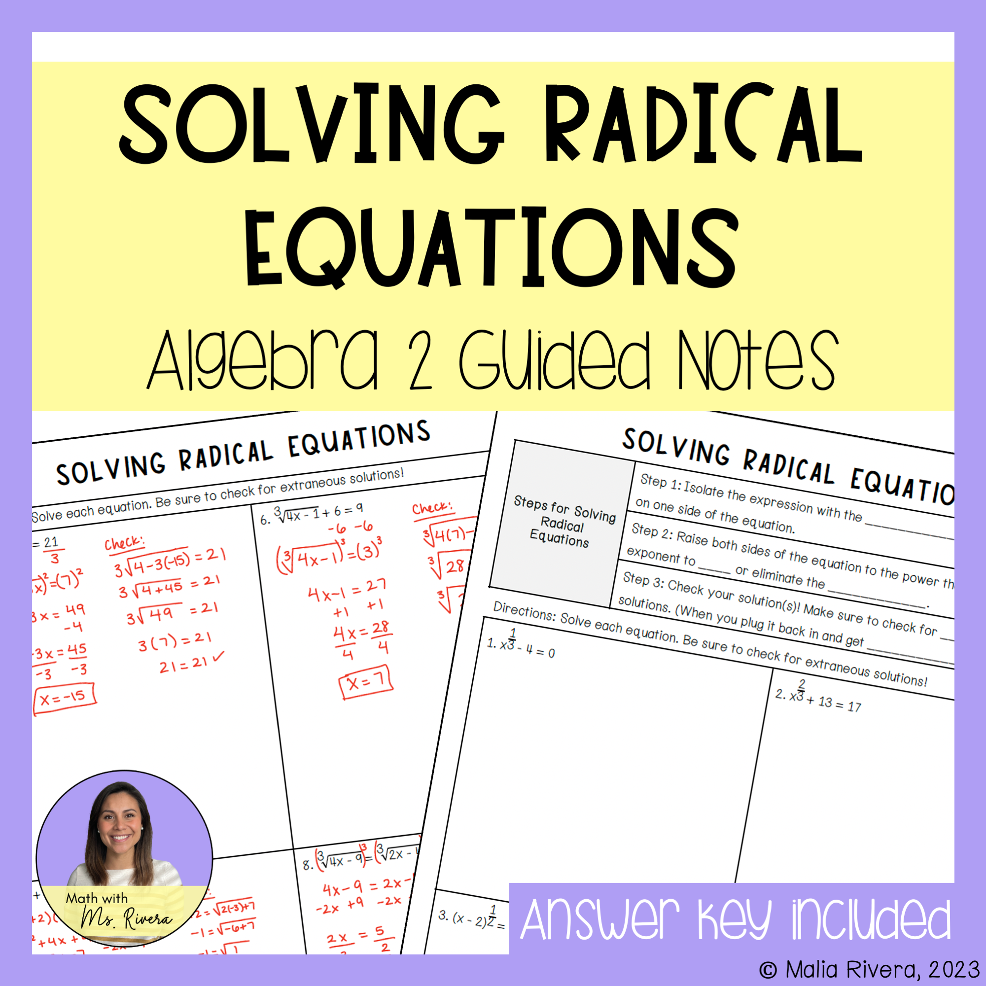 Solving Radical Equations Guided Notes Algebra 2 Worksheets Library