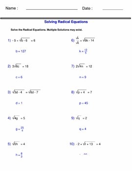 solving radical equations worksheet