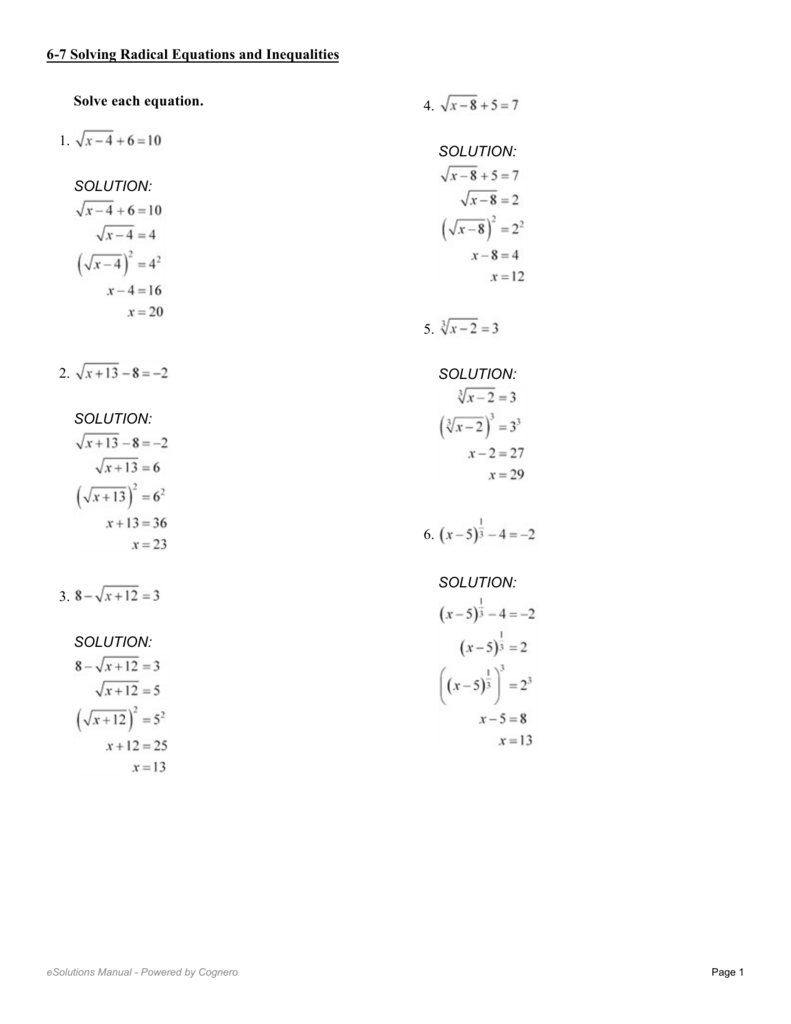 Solving Radical Equations Worksheet Algebra 2 Equations Worksheets