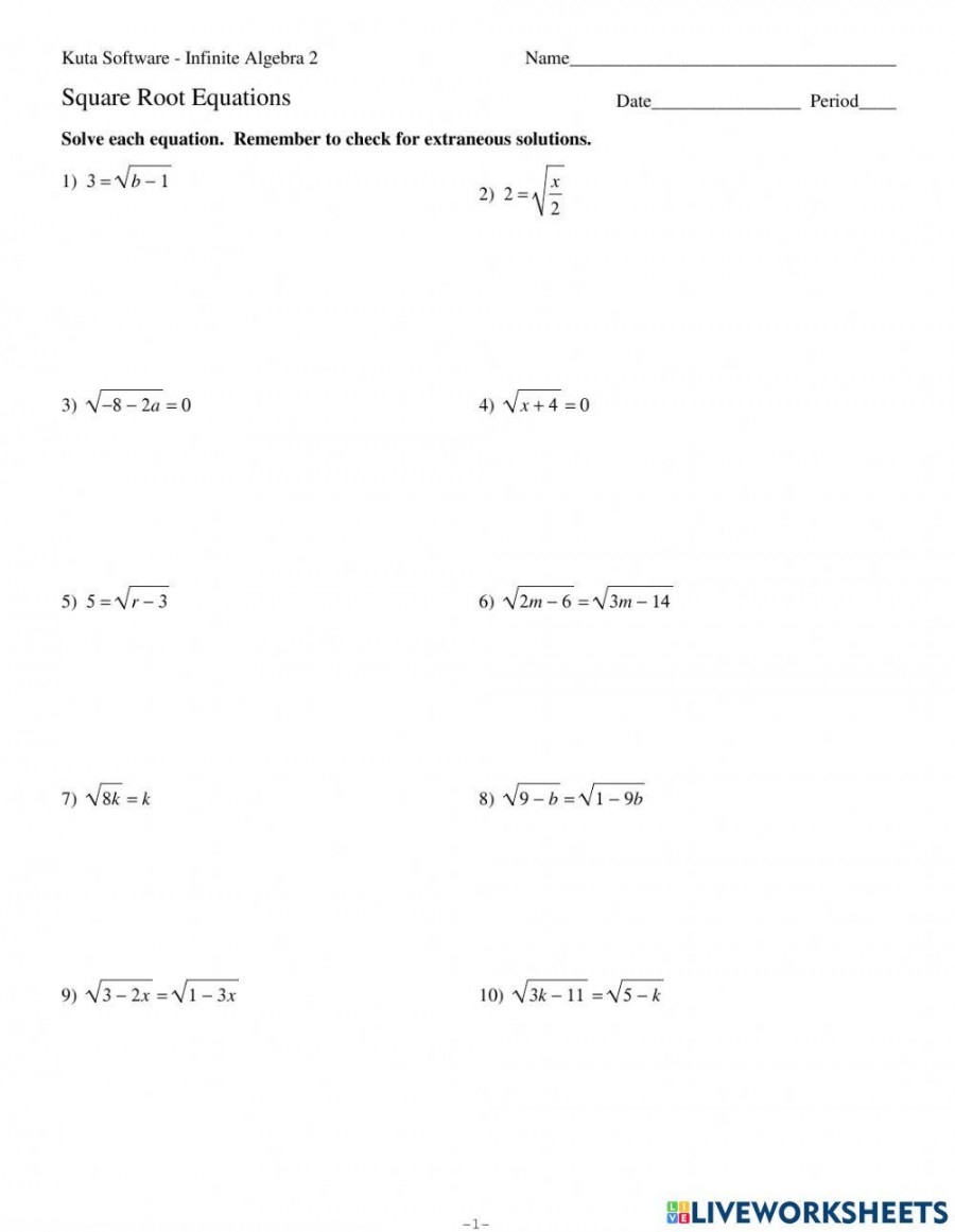 Solving Square Root Equations Worksheet Printable PDF Template