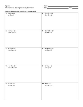 solving systems of equations by elimination worksheets