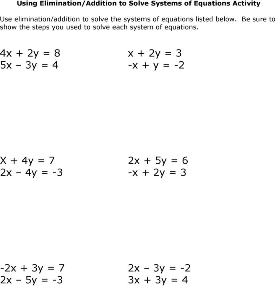 worksheet solving systems of equations by elimination