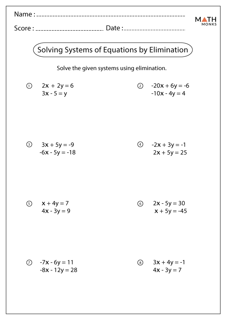 Solving Systems Of Equations By Elimination Worksheets Math Monks