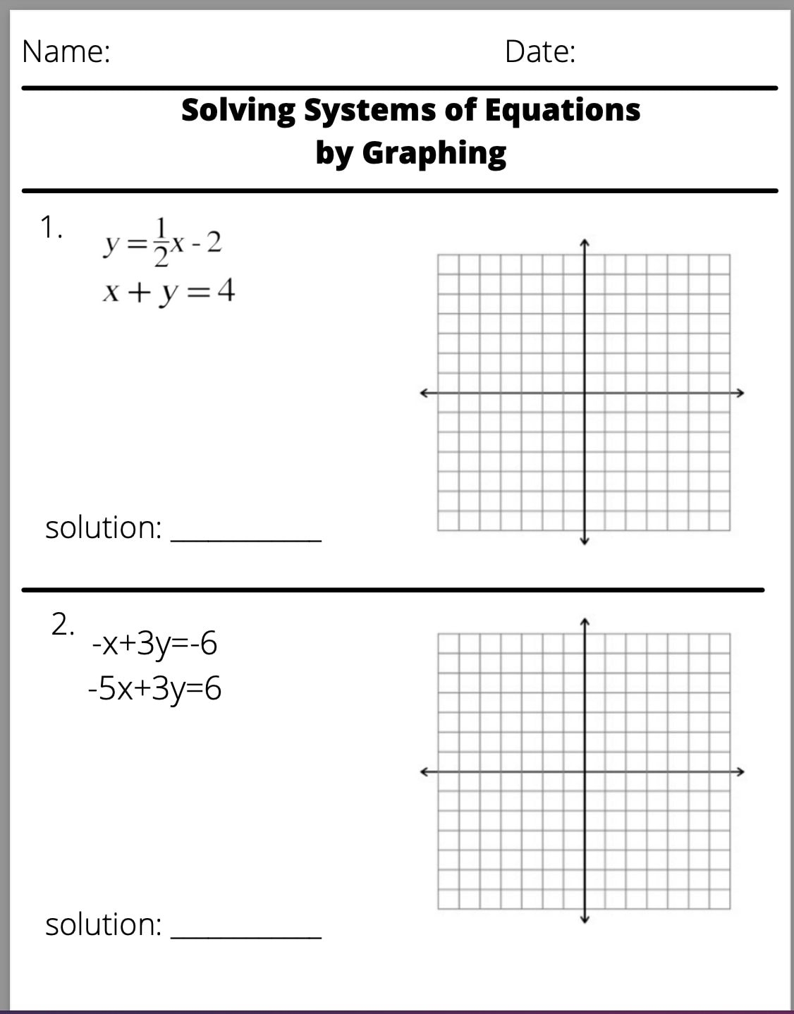 Solving Systems Of Equations By Graphing Worksheet Etsy Worksheets