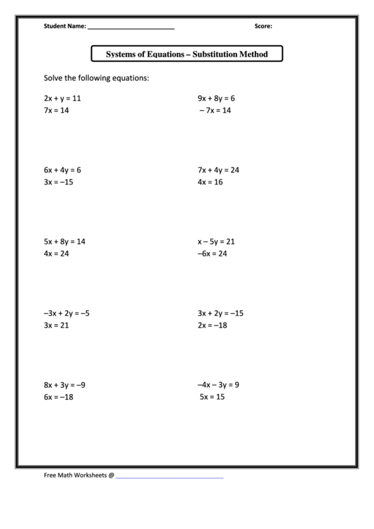 Solving Systems Of Equations By Substitution Worksheet Equations 