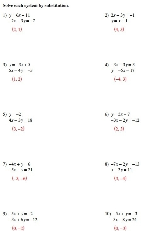 Solving Systems Of Equations By Substitution Worksheets With Answers 