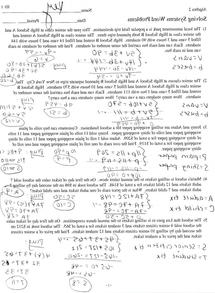 systems of equations word problems worksheet with answers pdf