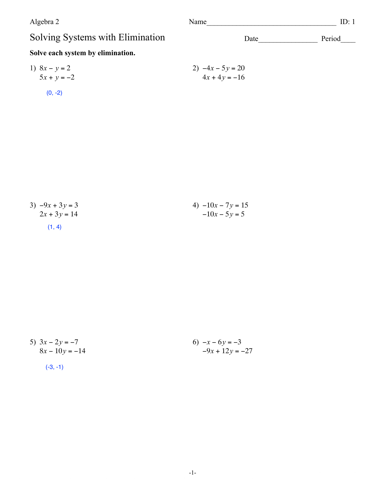solving a system of equations worksheet