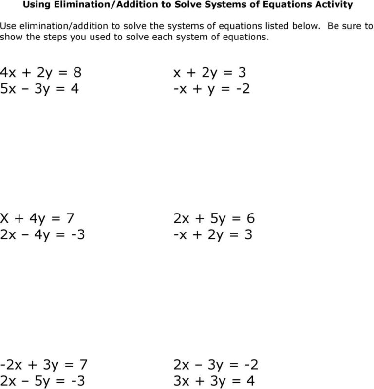 solving systems of equations by elimination worksheet