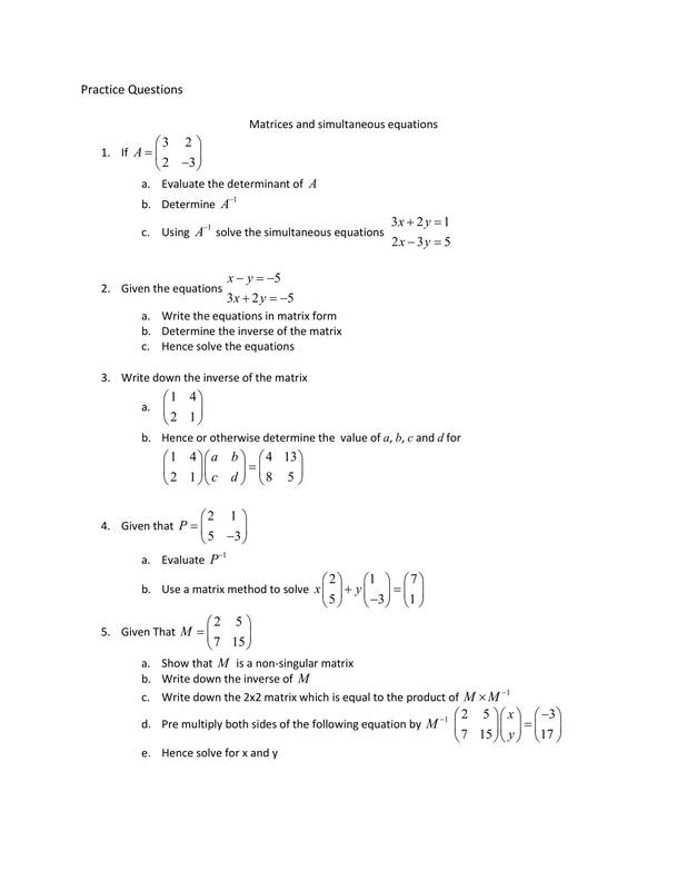 Solving Systems Of Linear Equations Using Matrices Worksheet Pdf 