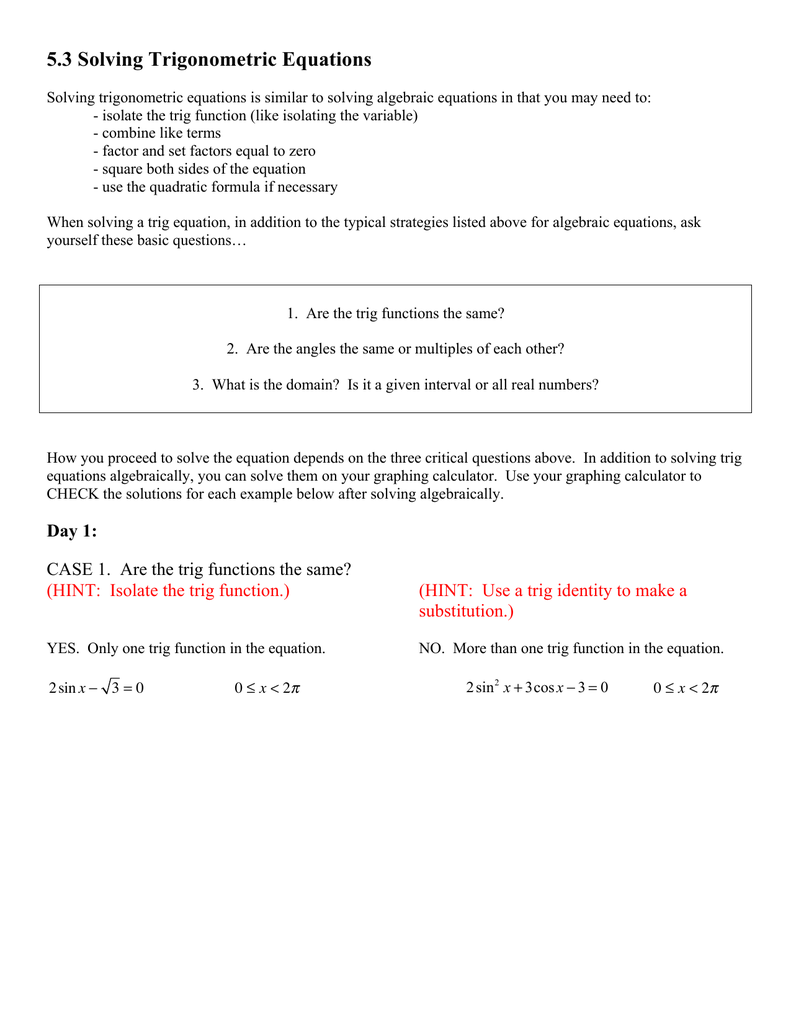 Solving Trig Equations Worksheet E Street Light